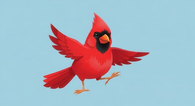 Vibrant cartoon red cardinal bird illustration soaring gracefully against a light blue sky backdrop