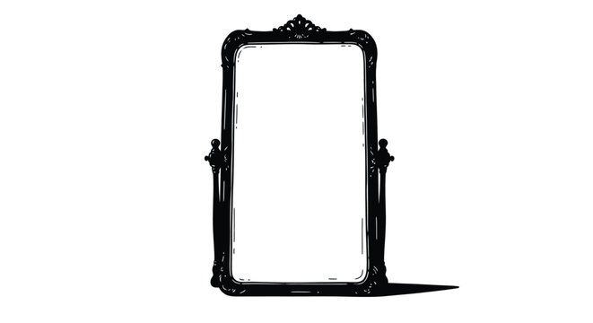 An ornate black rectangular mirror stands isolated on a stark white background high quality professional detailed
