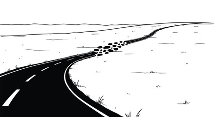 A curving black road stretches across a white landscape with sparse vegetation high quality professional detailed © Times Graphic