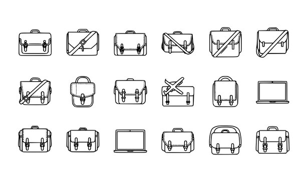 Minimal messenger bag line art illustration set with modern courier bag icons for fashion and delivery design