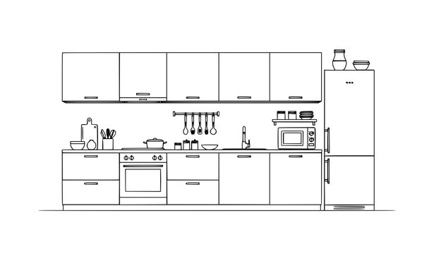 Minimalist kitchen interior elevation line art vector with modern home cooking layout design isolated on white