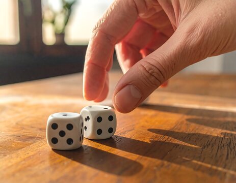Close-up of a hand reaching towards two white dice on a wooden table, sunlight streaming in from a window in the background