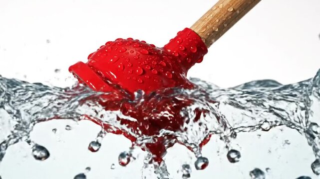 Red rubber plunger with wooden handle submerged in water with a splash