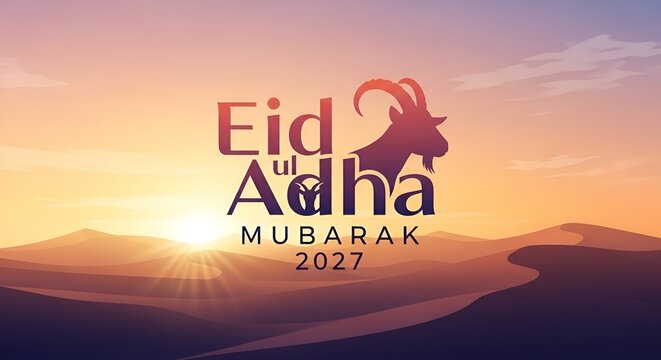 A serene desert landscape at sunset with a festive Eid ul Adha Mubarak 2027 graphic overlay