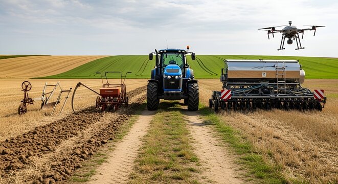 A blue tractor is parked in a field next to a large piece of farming equipment and a drone flies overhead.