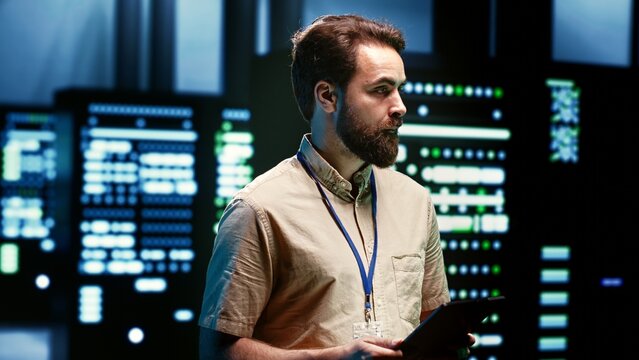 Engineer doing maintenance in server room providing secure, scalable, and reliable infrastructure for storing, processing, and analyzing large amounts of data generated by AI applications