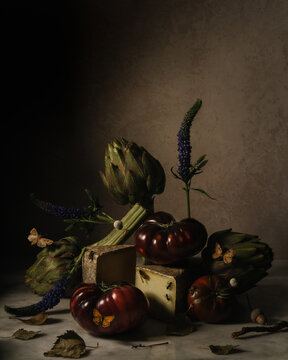 Still Life with Artichokes, Cheese, Tomatoes, Flowers, and Insects