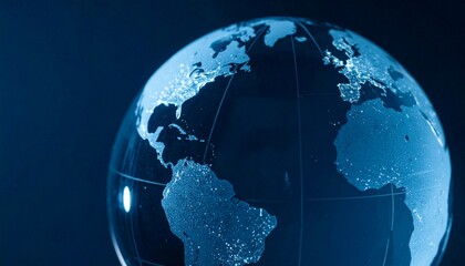 Obraz premium 水色を基調とした世界地図を背景にガラス製の球体が光を放ちながらテーブルに置かれたグローバルなイメージ