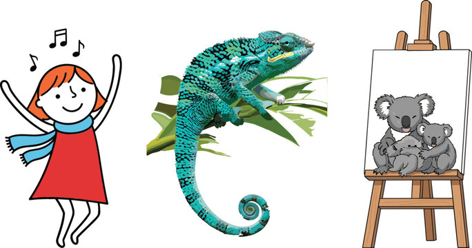 Happy Dancing Girl with Music Notes, Realistic Chameleon on Branch and Koala Drawing on Easel Vector Illustration Set