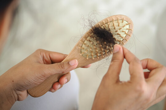 Holding a hairbrush with loose hair strands after brushing