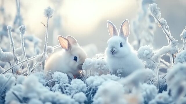 Two adorable fluffy bunnies sitting in a snowy winter landscape.