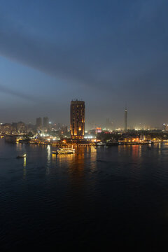 City Lights Glow Over the Nile River at Night in Cairo