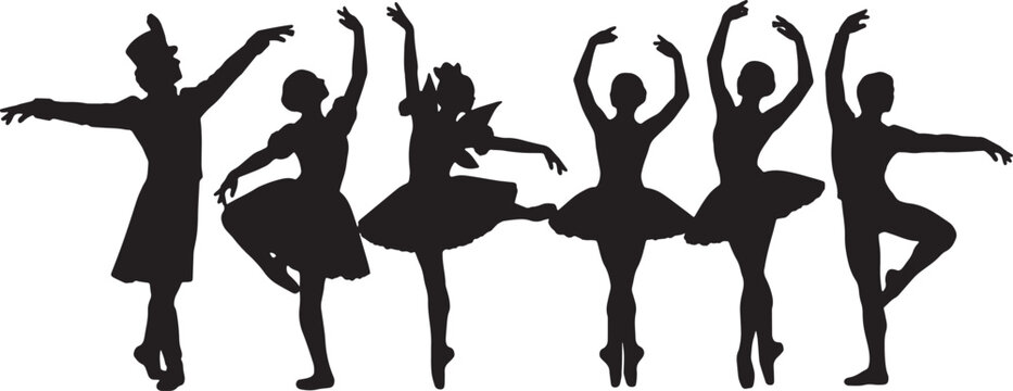 Black Solid Sugar Plum Fairy Silhouettes Set of Six on White Background