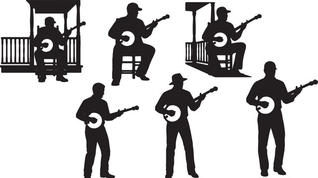 Black Solid Banjo Player Silhouettes Set of Six on White Background