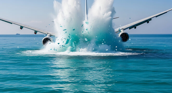dramatic commercial airplane crash landing into the ocean creating a huge splash and shattering debris