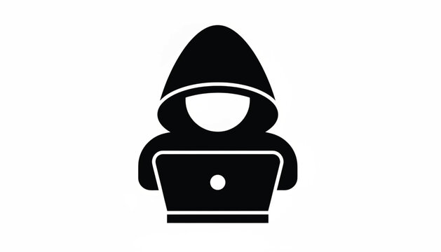 Hacker silhouette icon with hoodie and laptop symbol, isolated on white background for cybersecurity themes
