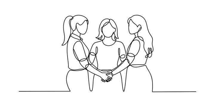 A single continuous line drawing of three women standing together in a supportive group formation Vector, illustration