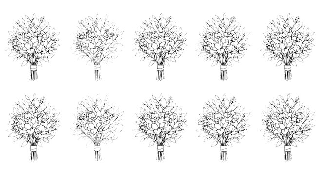 Branch set with various bare and leafless tree silhouettes in black lines and white background featuring line art, illustration, graphic resource