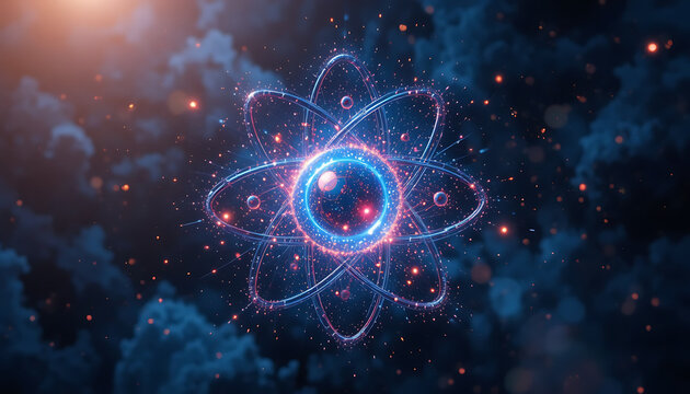 Vibrant glowing atom structure with electrons orbiting in space background with stars and clouds