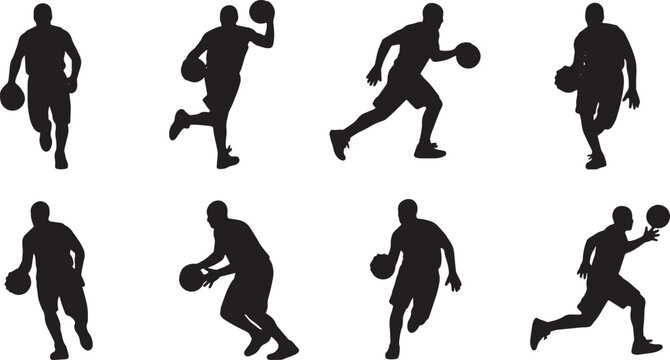 Black Solid Basketball Dribbling Silhouettes Set of Six on White Background