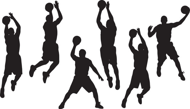 Black Solid Basketball Jump Shot Silhouettes Set of Six on White Background