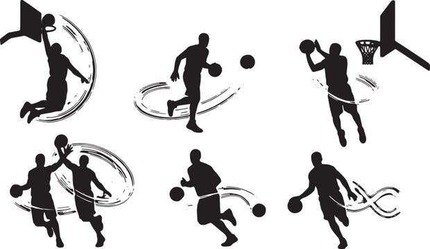 Black Solid Basketball Light Silhouettes Set of Six on White Background
