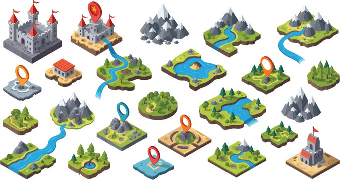 Fantasy map tile vector illustrations showing castles, rivers, forests, mountains, and landmarks for adventure games