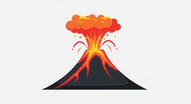 Vibrant cartoon illustration of a powerful volcanic eruption unleashing fiery lava and a towering