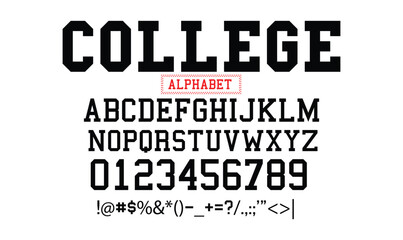 Obraz premium College Alphabet Vector Font Set with Numbers and Symbols for Varsity Sport Team Branding