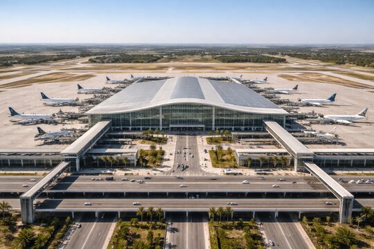 Modern international airport terminal aerial view with parked airplanes and clear blue sky