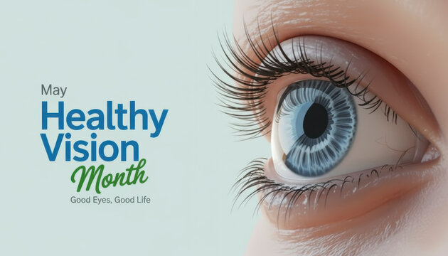May is Healthy vision month, awareness graphics or poster with a close -up human eye
