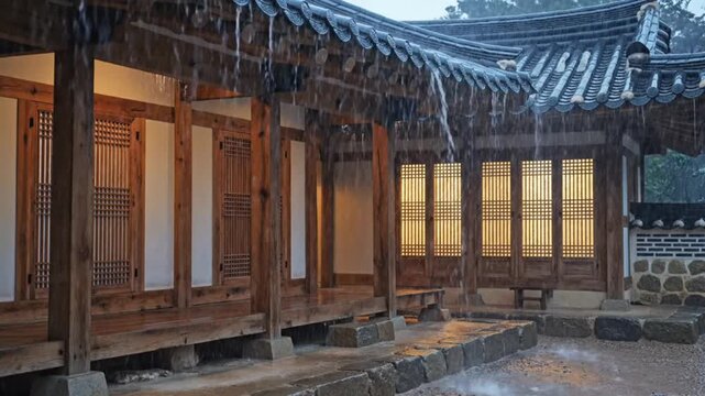 Traditional Korean wooden building architecture.