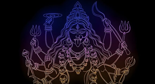 Neon glowing line art illustration of goddess kali on black background