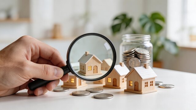 Business man examining miniature wooden houses with a magnifying glass investment concept