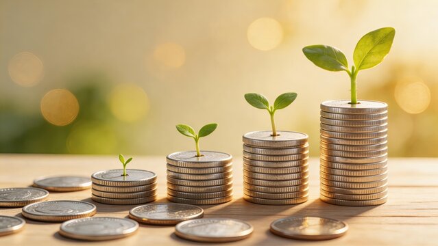 Business concept money coin investment growing plant financial profit success compound interest saving fund wealth income capital return rate economic growth budget planning