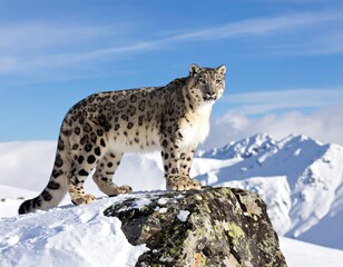Fototapeta premium Majestic snow leopard stands atop a snowy, rocky outcrop, with snow-capped mountains and a vibrant blue sky in the backdrop