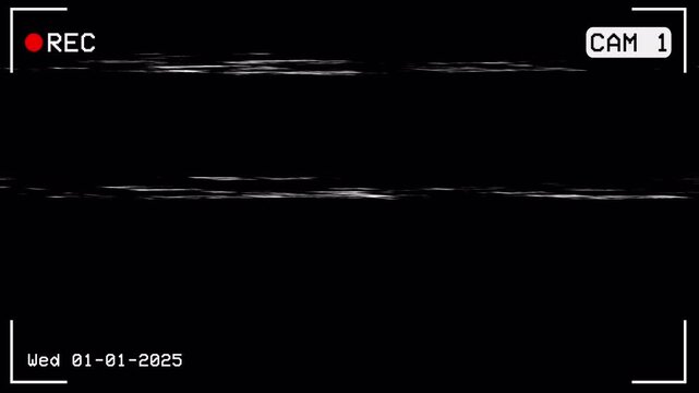 Retro CCTV screen overlay animation with noise and flickering effect on transparent background, CAM 1. 4K Video