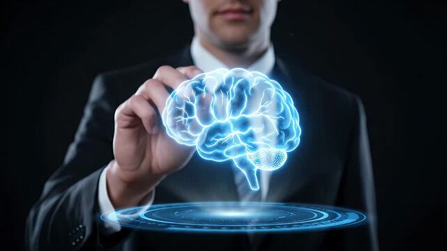 Businessman in Suit Interacting with Glowing Brain Hologram on Dark Background Symbolizing Artificial Intelligence and Future Technology Conceptual