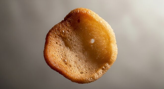 Crispy golden abstract food piece floating in serene light showcasing its airy texture