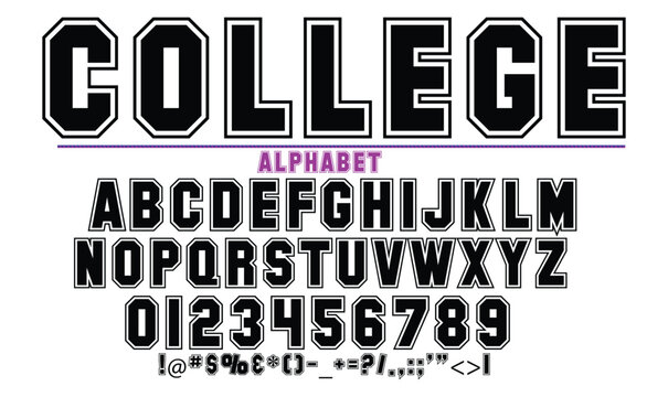 College Varsity Alphabet Vector Font with Numbers and Symbols for Athletic Team Apparel