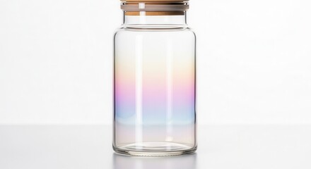 Obraz premium Elegant glass jar with iridescent rainbow reflections and a natural wooden lid on a pristine white