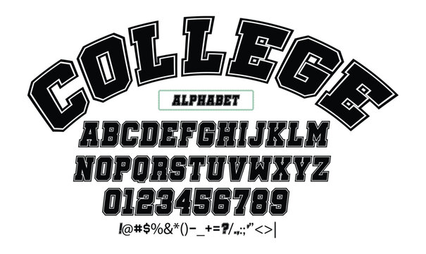 College Alphabet Vector Font Set with Arched Letters and Numbers for Sport Apparel Branding