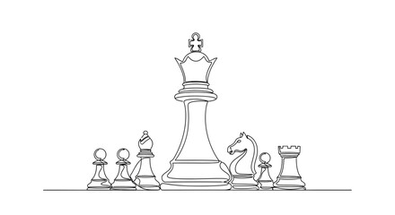 Chess King Surrounded by Pieces, Single Line Drawing © punduh