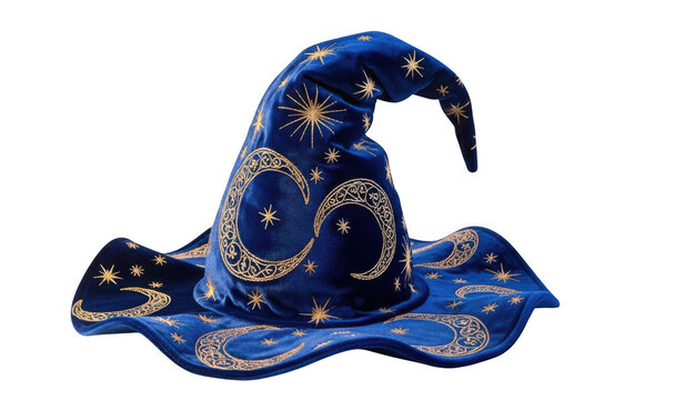 Blue magician wizard hat with gold stars and crescent moon embroidery isolated
