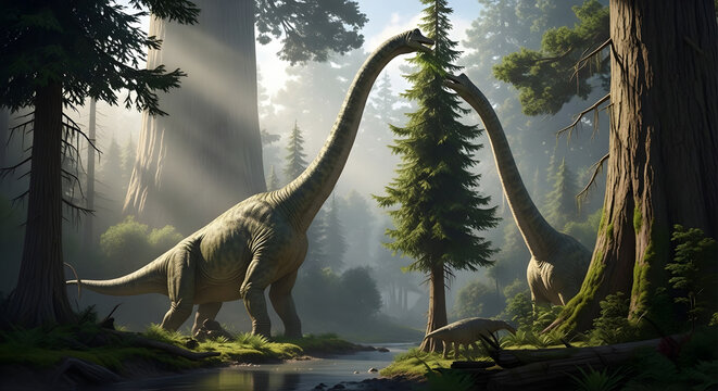 Brachiosaurus Feeding Among Tall Conifers in Humid Forest