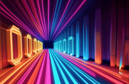 Vibrant neon tunnel with glowing binary digits and radiant color