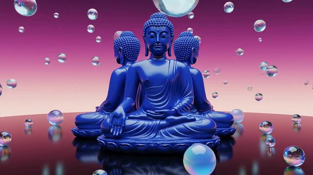 Blue Buddha statue, triple head, meditating, water bubbles, pink background