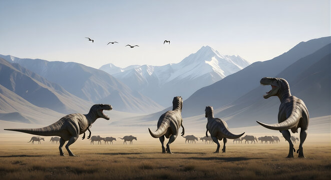 Allosaurus Watching Herd Across Valley Floor