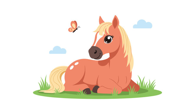 Cute brown pony sitting on green grass under a blue sky with a small butterfly and white clouds in cartoon style.