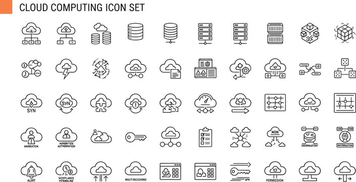 Cloud computing technology outline icon set server storage database network virtualization security infrastructure synchronization vector collection digital cloud services system architecture tools